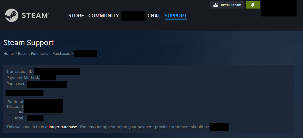 Steam Receipt